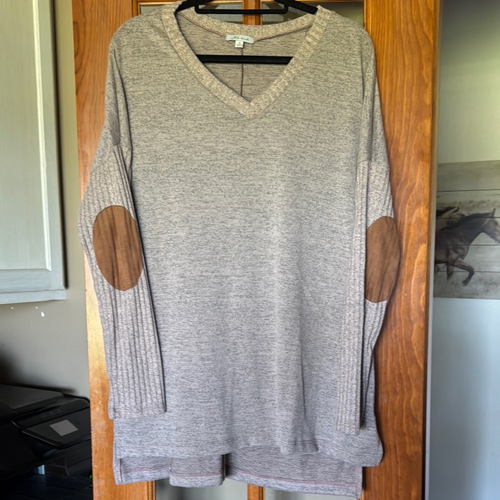 White Birch Gray V-Neck Sweatshirt with Brown Elbow Patches